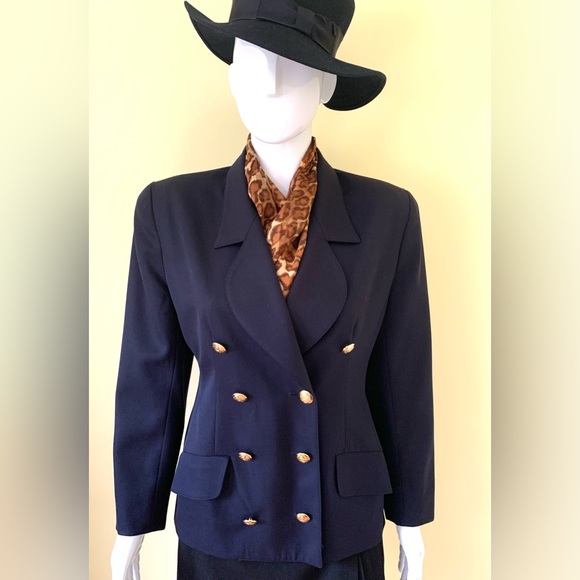 Navy blue pure virgin wool long blazer double breasted collar gold metal buttons - Picture 2 of 15
